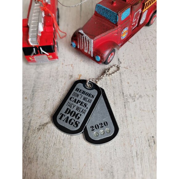 Firefighter fire truck tree hero cape dog tag ornament Xmas set - Picture 2 of 12